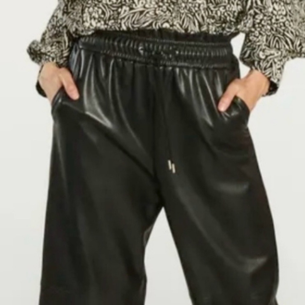 SUNCOO NWT Black faux Leather wide leg Pants